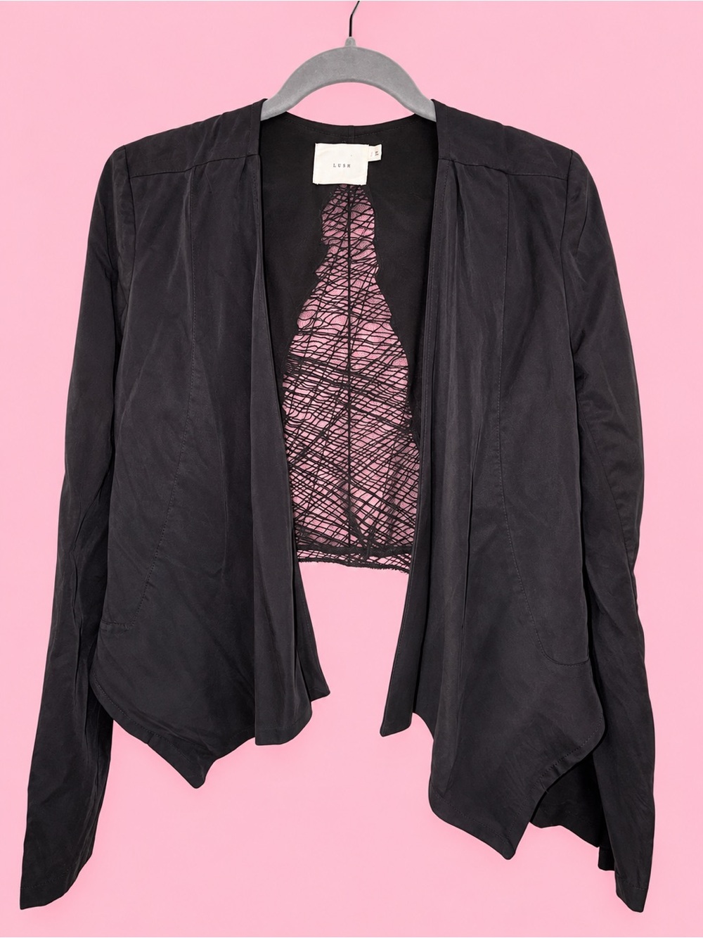 LUSH Black Tencel Openwork Cutout Back Draped Jacket Cardigan S